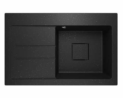 Lavello Fregadero de granito negro metálico, profundo empotrable, 78 x 49,6 cm, 1 lavabo con desagüe oculto, resistente a arañazos y reversible, incluye juego de desagüe