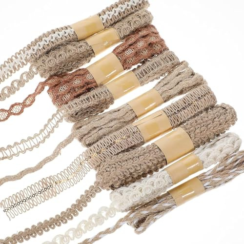 9 Rollen Juteband mit Spitze, Vintage Naturband Set | 2m pro Rolle Boho Dekoband für Hochzeitsdekoration, Geschenkverpackung, DIY Bastelarbeiten und Floristik