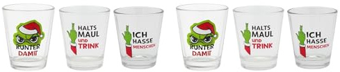 M.Kritzinger’s Schnapsgläser-Set (6 Stück à 4 cl) – Weihnachtsmuffel Shotgläser mit lustigem Anti-Weihnachten Motiv | Party- & Geschenk-Set für Weihnachts-Muffel & Festtags-Muffel