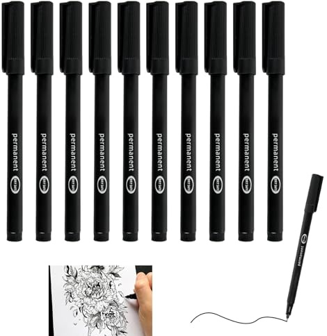 10 unidades Rotuladores Permanentes Negros, Marcador Punta Fina 0,6 mm, Tinta Resistente al Agua y a las Manchas, Secado Rápido, Duraderos y Bajo Olor, Apto para Plástico, Metal, Vidrio, Cartón, Papel