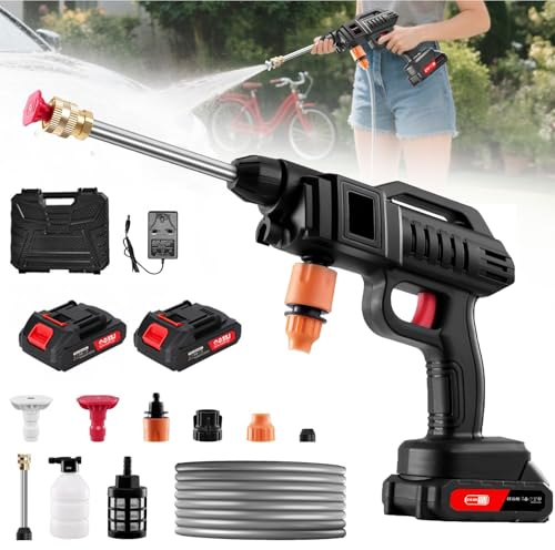 Idropulitrice portatile senza fili, idropulitrice a batteria da 21 V, 1200 psi, con ugello 6 in 1, 3 livelli di potenza, tubo da 5 m, 2 batterie, per casa, auto, cortile, animali domestici