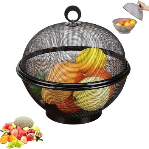 DDMMQS Obstkorb mit Deckel, dekoratives Metallgitter-Design, Obst- und Gemüsekorb, Gemüsewasch- und Abtropfkorb, Fliegenabdeckung, um das Eindringen von Insekten zu verhindern (schwarz)