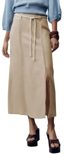 EXLURA Womens Linen Elastic Waist Straight Midi Skirt Summer Cotton Maxi Long Boho Skirts Slit Beach Vacation Outfits 2026 Apricot
