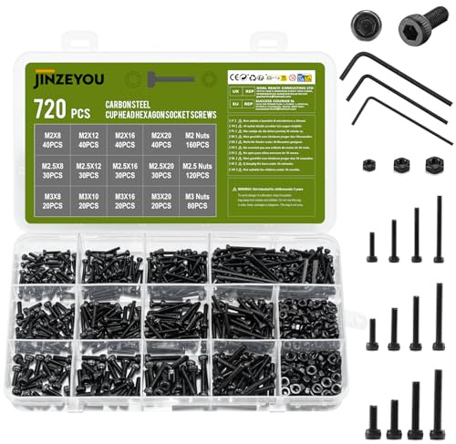 720 Stk M2 M2,5 M3 Schrauben Set, Zylinderschrauben Muttern Sets, Schwarz Zylinderkopfschrauben Sechskantschrauben Set, Innensechskant Schrauben mit Muttern, Maschinenschrauben Sortiment