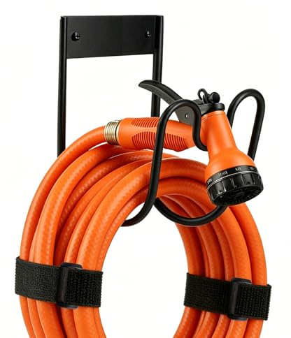 Black Metal Wall Mounted Garden Hose Hook, Holds 100FT with Velcro Ties | Outdoor storage, for extension cords/vacuum lines, rust-resistant coating, sturdy metal construction, wall mounted design