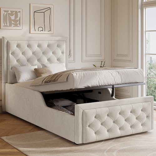 Calivra Jugendbett 90x200 mit Hydraulischem Stauraum - Kinderbett mit Samt-Kopfteil, Lattenrost & großem Bettkasten, Einzelbett Jugendbett mit Armlehnen, Ohne Matratze,Beige