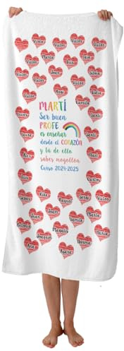 LINFORMAL Toalla Personalizada Profesora, Regalo Personalizado Fin de Curso con Nombre y Alumnos, Detalle de Clase para Maestra, Seño o Tutora, Opción de Añadir Taza, Botella o Tote Bag