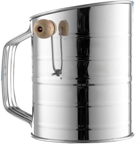 Nexbrill Stainless Steel Flour Sifter with Hand Crank, 3 Cup Large Capacity Sieve for Baking, Engraved Measurements for Flour Cocoa Sugar, Kitchen Tool 14.5x11.3x14.5cm