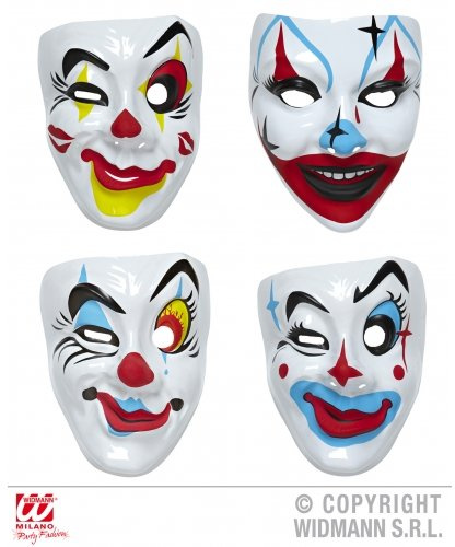 Widmann Clown-Masken aus PVC, 4 Stile, Asstd-Maske, Maskerade-Verkleidung, Zubehör für Zirkusclowns und lustige Messen, Kostüme, Outfits