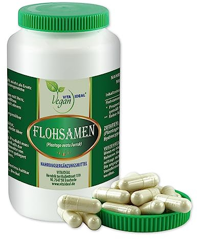 VITA IDEAL Vegan® FLOHSAMEN - Schalen 90 KAPSELN - Plantago indica - Tagesportion 1100mg Flohsamenschalen reines Pulver. Naatürlich, pflanzlich und ohne Zusatzstoffe.