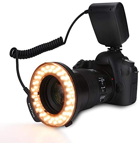 Ensemble de flashs annulaires à LED, Macro Flash Light 48 LED, Lampes Clignotantes à LED pour la Photographie Macro Comprenant 4 diffuseurs de Flash, 8 bagues dadaptateur, 1 contrôleur de Flash, Flas