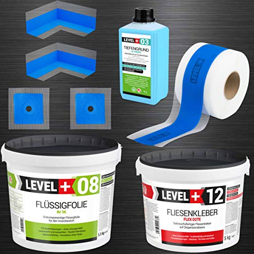 Dichtset Fliesen Flüssigfolie 5,5Kg Fertig Fliesenkleber 5Kg Tiefengrund 1L Dichtband 5M Innenecken x 2, Wandmanschetten x 2 Dusche Bad Küche SET501