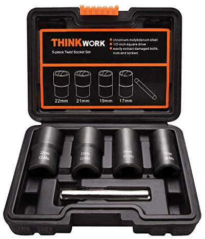THINKWORK Twist Socket Set Lug Nut Remover Extractor Tool - 5-Piece Metric Bolt and Lug Nut Extractor Socket Tools - 17mm, 19mm, 21mm and 22mm