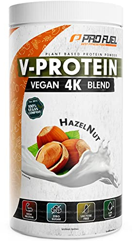 Vegan Proteinpulver HASELNUSS – V-PROTEIN 4K Blend | Unglaublich lecker & cremig | 750g | Aus Sonnenblumen, Soja, Hanfsamen & Kürbiskernen | Pflanzliches Eiweißpulver mit 80% Eiweiß