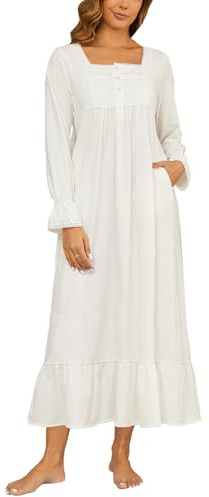 Rubehoow Women Soft Nightshirt Pure Cotton Button Front Ruffle Sleep Dress with Pokcets Loose Comfy White, Large