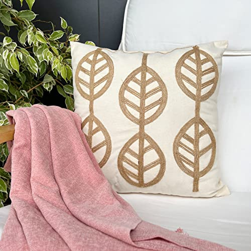 PETIT ALO Cojín Decorativo con Relleno Detalle Hojas en Yute, Funda de Cojín con Relleno Cojín Decorativo Verano Beige 45x45 cm