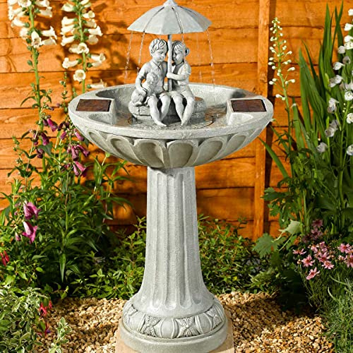 Festive Lights - 82cm Grey Umbrella Solar Water Fountain with Bird Bath - Weathered Stone Effect, Outdoor Garden Feature, IP44 Rated, Decorative Figurines & Dog Statue, Wildlife Friendly, Freestanding