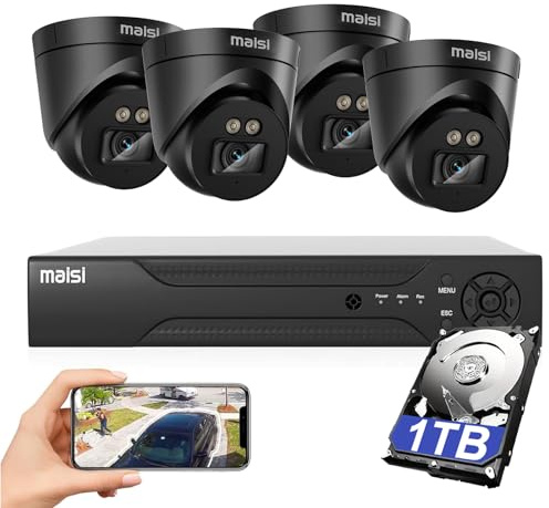 maisi 8CH CCTV Camera System, 8 Channel 5MP Security DVR with 4x 5MP Cameras,1TB Hard Drive, Night Vision, APP Push and Email Alert, Easy Mobile and PC Access, Indoor&Outdoor