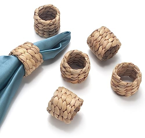 Napkin Rings Set of 6, Handmade Water Hyacinth Boho Napkin Rings, Rustic Farmhouse and Beach-Inspired Rattan Napkin Ring for Elegant Table Decoration, Perfect for Christmas Table Decor, Wedding Decor
