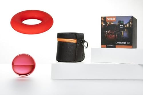 Lensball von Rollei - 80mm Vollglaskugel, Foto-Kugel mit Aufbewahrungstasche, Mikrofaser Reinigungstuch und gratis Silikonring zum Fixieren der Glaskugel (Rot)
