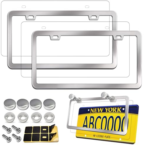 Aootf License Plate Frames Covers - Stainless Steel Car Tag Holder and Clear Flat Shield, Unbreakable Front Rear Protector with Chrome Screws Caps, 2 Sets