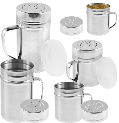 4 saliera in acciaio inox, con manico e coperchio in plastica, 9,5 x 6,8 cm, 12,5 x 6,8 cm, scatola per spezie con fori di scarico, per cucina in polvere e zucchero