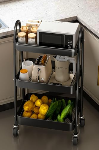 GOOPOOL küchenwagen Stahlgestell Küchen Aufbewahrungswagen 3-Etagen Metall Utility Cart Arretierbar 360° Drehbare Räder Rollwagen Organizer Wagen mit Rädern für Küche Make-up Badezimmer Schwarz