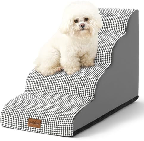 COZY KISS Hundetreppe für Kleine Hunde 50cm, Haustiertreppe für Bett aus Hochdichtem Schwamm, Hunde Treppe Hunderampe mit Waschbarem Bezug und Rutschfestem Boden, 40x72x50cm, 4 Stufen, Weiß Schwarz