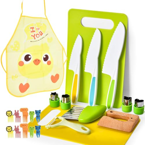 Montessori-Küchenwerkzeuge für Kleinkinder – Echte Küchenmesser-Sets für Kinder – Spielzeug-Set für Kleinkinder zum richtigen Kochen (Mehrere Farben-28 Stück)