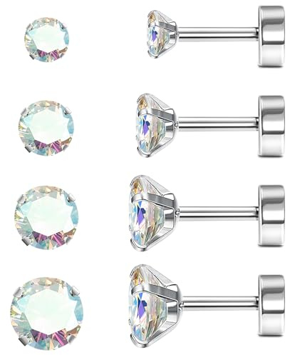 JeweBella 4Paar G23 Titan Ohrringe Damen Medizinische Ohrstecker 2/3/4/5MM | Hypoallergen Cubic Zirkonia Titan Ohrstecker Set für Damen Herren Kinder,Gesundheitsstecker Ohrringe,Knorpel Piercing Ohr