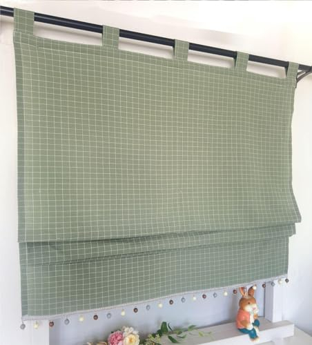 Vordesack Blickdichter Raffrollo mit Karo-Muster Landhausstil Gardinen mit Quasten-Kante Raffgardine mit Schlaufen Wohnzimmer Gardinenschal Küche 1 Stück Grün HxB 140x50cm