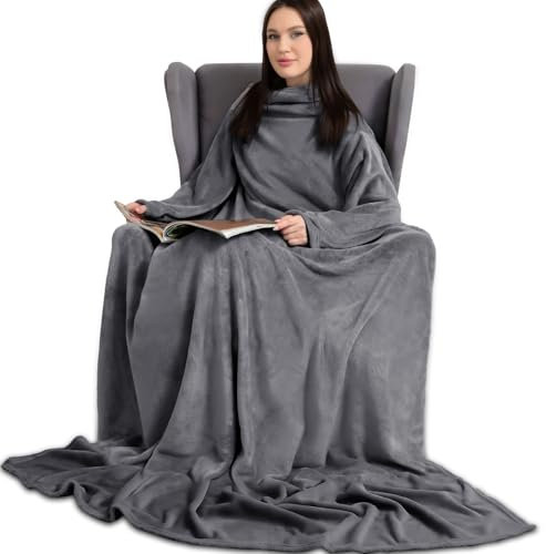 JEDWKFA Coperta con Maniche, Coperta Indossabile, Plaid con Maniche, Coperta Divano, Morbido e Caldo, Tasca Grande, Plaid con Maniche per Uomini e Donne, 170 X 200 CM, Grigio