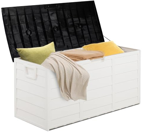 VINGLI 75 Gallon Resin Outdoor Deck Box, 75 Gallon Patio Storage Box with Side Handles, Lockable Storage Containers for Patio Furniture Cushions, Pool Accessories, Garden Tools, White