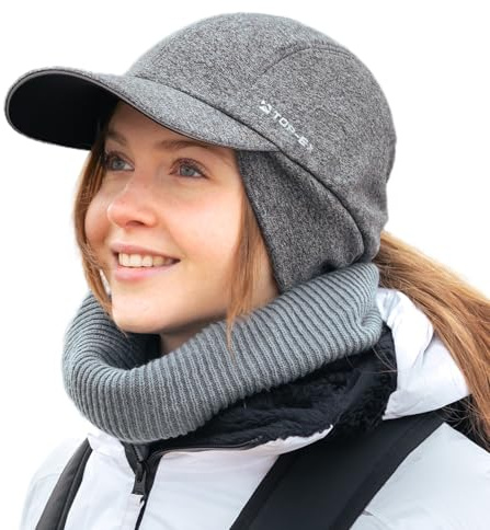 TOP-EX M/L/XL Wasserabweisende Winter-Baseballkappe mit Ohrenklappen für Damen, Laufmütze, mit Pferdeschwanzloch, reflektierendes warmes Fleecefutter, Mütze