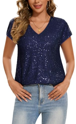 MINTLIMIT Damen V-Ausschnitt Pailletten Oberteil Elegant Shirt Glitzer Tops Kurzarm Cap Ärmel (Marine XXL)