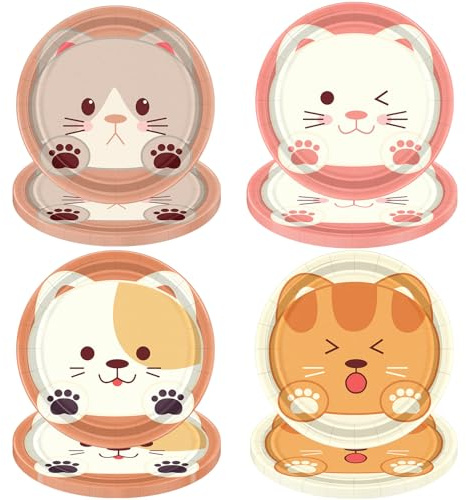 XJLANTTE Lot de 40 assiettes d'anniversaire pour chat - Décorations de fête pour animaux de compagnie - 4 couleurs - Assiettes en carton - Assiettes de fête d'anniversaire pour enfants - Accessoires