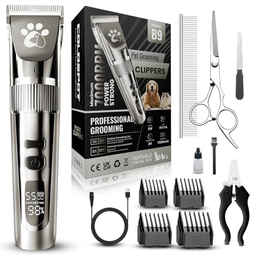 Dog Clippers Professional, Dog Grooming Kit, Low Noise Cordless Pet Clippers for Dogs, 4-Speed High Power Dog Trimmer with Grooming Tools Brush Nail Kits (Black)