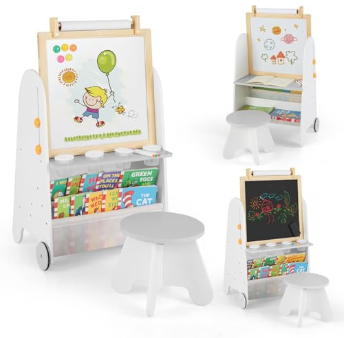 GOPLUS Table Enfant avec Chaise, 4 en 1 Tableau Enfant Double Face Amovible et Hauteur Réglable, avec Plateau Magnétique, Rouleau de Papier, Bibliothèque, Table à Dessin pour 3+ Ans