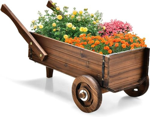 FANTASK Blumenwagen Holz, Pflanzwagen mit Rädern und Griffen, Blumenkarre mit Abflussloch, Pflanztopf Bollerwagen, Brown