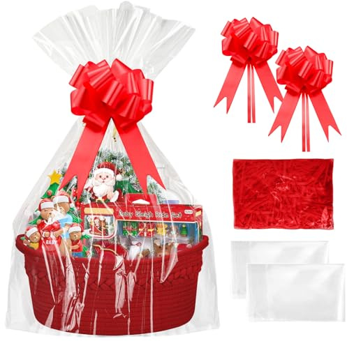 SelfTek Geschenkkorb Leer Groß - Geschenkkorb Set mit Präsentkorb Leer Geschenkfolie Transparent, Füllmaterial, Geschenkschleifen, 33cmx24cmx15cm Präsentkorb Leer für Weihnachten Halloween (Rot)
