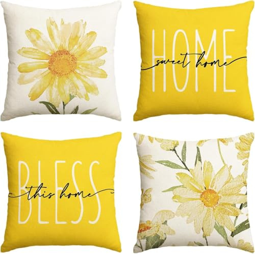 Outdoor Cushion Covers 45 x 45 Set of 4, Garden Summer Flower Cushion Covers 18x18 inch Waterproof Garden Cushions, Home Sweet Home Boho Patio Furniture Cushions Covers Decorative Pillow Covers for O