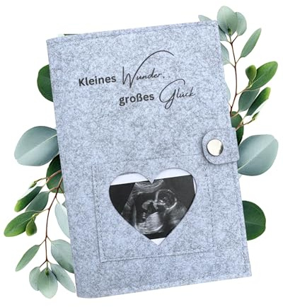 MüggenStick Mutterpasshülle als Schutzhülle - elegante Hülle Mutterpass aus Filz - stilvolle Mutterpass-Hülle für Schwangere und zukünftige Mütter (Grau - Kleines Wunder, großes Glück)