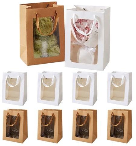 10 Stück Geschenktasche Sichtfenster mit Henkel,Große Geschenktaschen mit Fenster,15×10×20cm Kraftpapier Geschenktaschen Schalter,Geschenktüte Sichtfenster Braun Weiße für Geburtstag,Hochzeit,Party