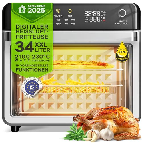 TurboTronic Four multi-intelligent, 19 en 1, four à air chaud, friteuse à air chaud, 2100 W, puissance 34 l, jusqu'à 0,5 kg de frites, mini four avec fonction déshydratation 40-230 °C, grill Airfryer