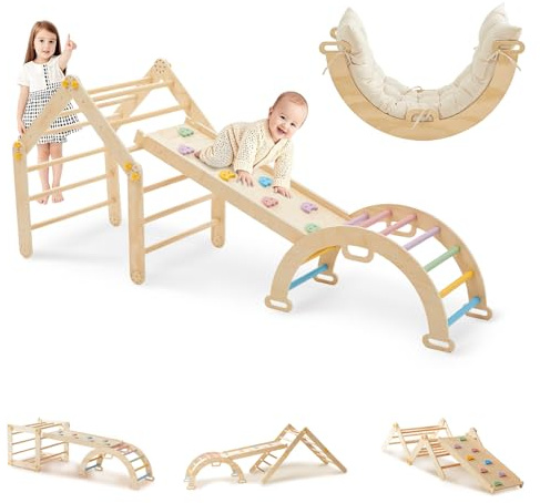 DENMOSTY 7-in-1 Indoor Climbing Frame for Toddlers & Baby, Montessori Pikler Triangle Set with Soft Cushion, Wooden Climbing Toys with Ladder & Sliding & Ramp & Arch , Play Jungle Gym for Kids 1-6
