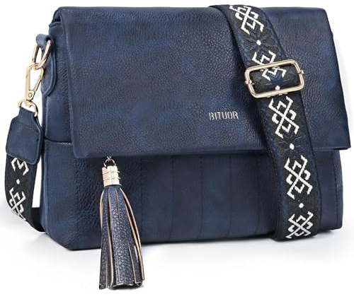 BITUOR Sac à bandoulière pour femme avec fermeture à rabat et fermeture à glissière avec large sangle réglable avec plusieurs poches Utilitaire Bleu