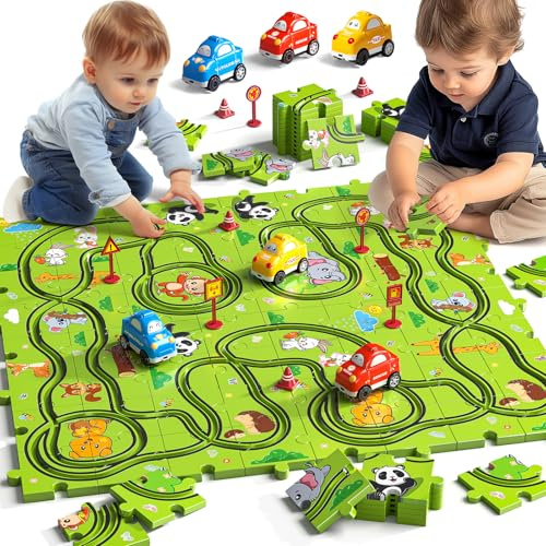 JUKUDAHU 64-teiliges Puzzle Bahnen für Kinder 3-6 Jahre | DIY Auto Rennbahn, 3 Rutsche-Autos, Tier-Thema, Geburtstagsgeschenk für Jungen Mädchen Kleinkinder 5-8 Jahre