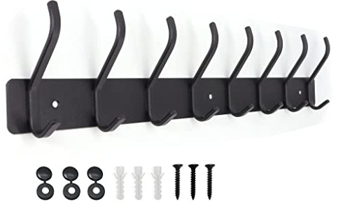 AJLTPA Garderobenleiste aus schwarzem Metall, Wandgarderobe mit 8 Doppelhaken, 48 cm Hakenleiste zur Wandmontage, Kleiderhaken und Garderobenhaken für Flur, Bad, Küche und Schlafzimmer