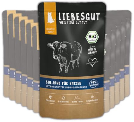 Liebesgut Bio Katzenfutter Nass Bio-Rind mit Bio-Karotte und Bio-Amaranth, extra viel Fleisch, 12x100g, produziert in Bayern