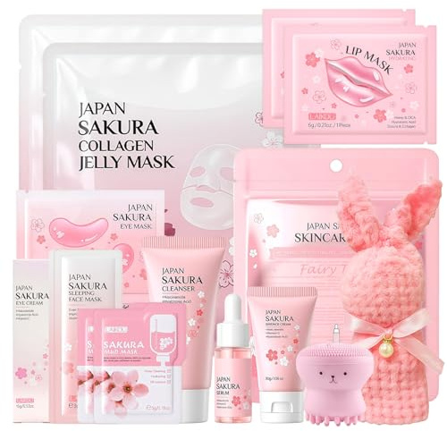 15 Pièces Sakura Ensemble de Soins de la Peau, avec Crème Nettoyante, Sérum, Masque de Boue, Masque à Lèvres, Coffret Cadeau de Soins de la Peau pour Adolescentes et Femmes